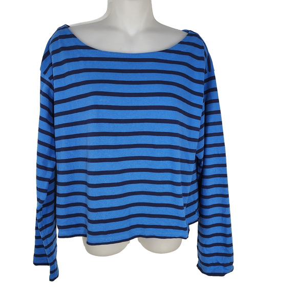 J Crew Cropped Fit T Shirt Top Size Medium Blue Striped Boatneck Long Sleeve - Picture 1 of 9